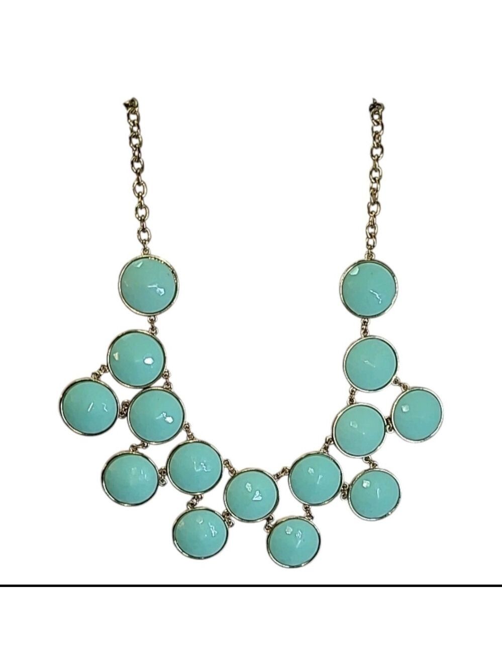 Gold Tone Turquoise Blue Acrylic Cabochon Bib Statement Necklace 17"-20" - Picture 3 of 7
